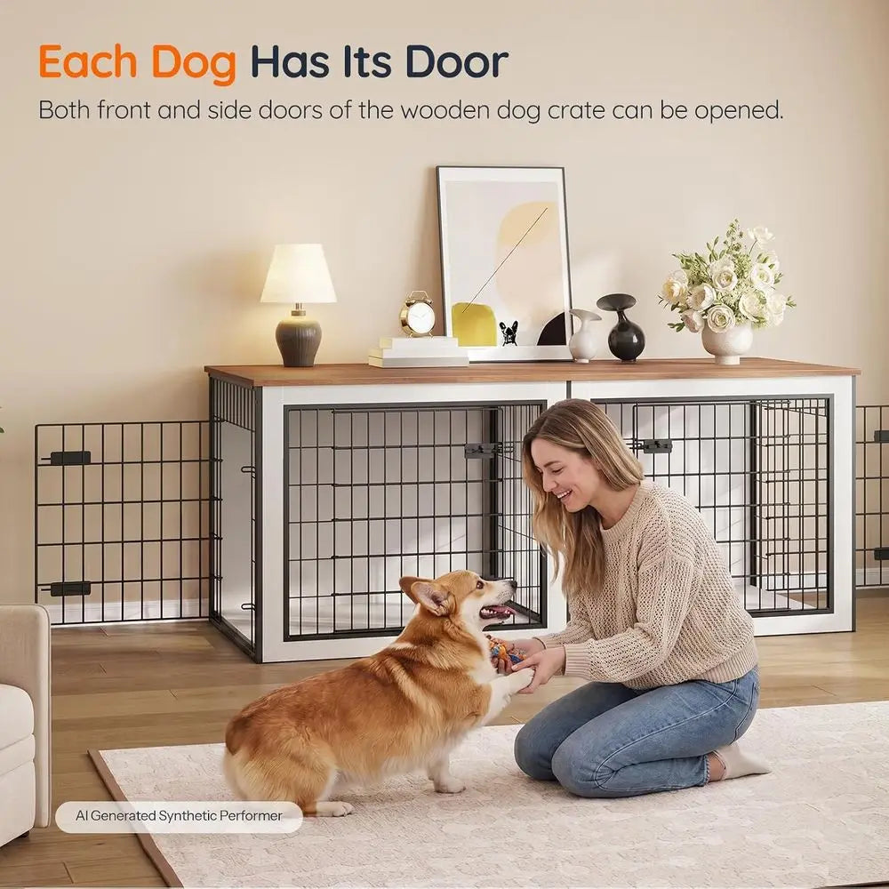 Wooden Double Dog Crate With Divider Indoor Kennel Furniture