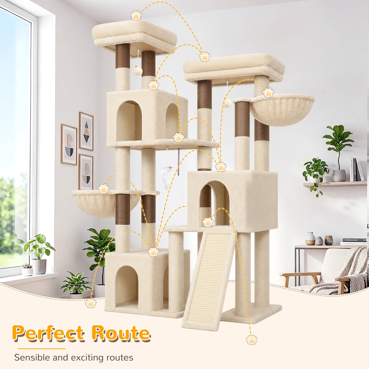 Globlazer 65 Inch Cat Scratcher Tree for Medium Large Cats Multi Level Cat Houses Condos with 3 Condos Cat Climbing Tower with 8 Sisal Posts 2 Hammocks Perches for 2-3 Cats