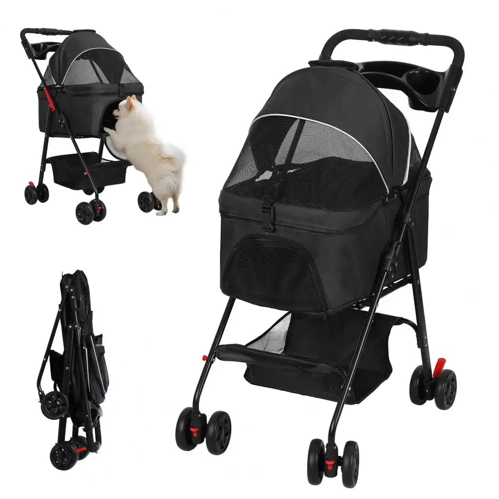 Foldable Pet Stroller for Dog Cat with Removable Carrier, Storage Basket and Cup Holder, Pet Carrying Cart Holds Up to 17.6lbs