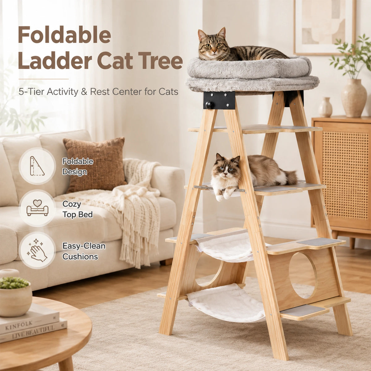 5-Tier A-Frame Wooden Cat Tree Tower with Washable Cushions and Foldable Frame, Multi-Level Cat Condo with Hammock for Large Cats Home Living Room