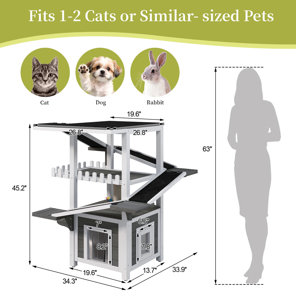 4 Tier Outdoor Cat House, Weatherproof Cat Tree Tower with Waterproof Roof, Feral Cat Shelter Outside Enclosure, Multi Level Cat Condo with Ramps, for Small Animals