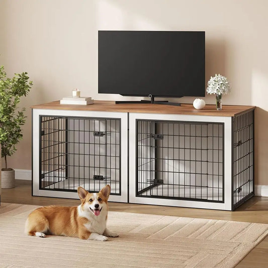 Wooden Double Dog Crate With Divider Indoor Kennel Furniture