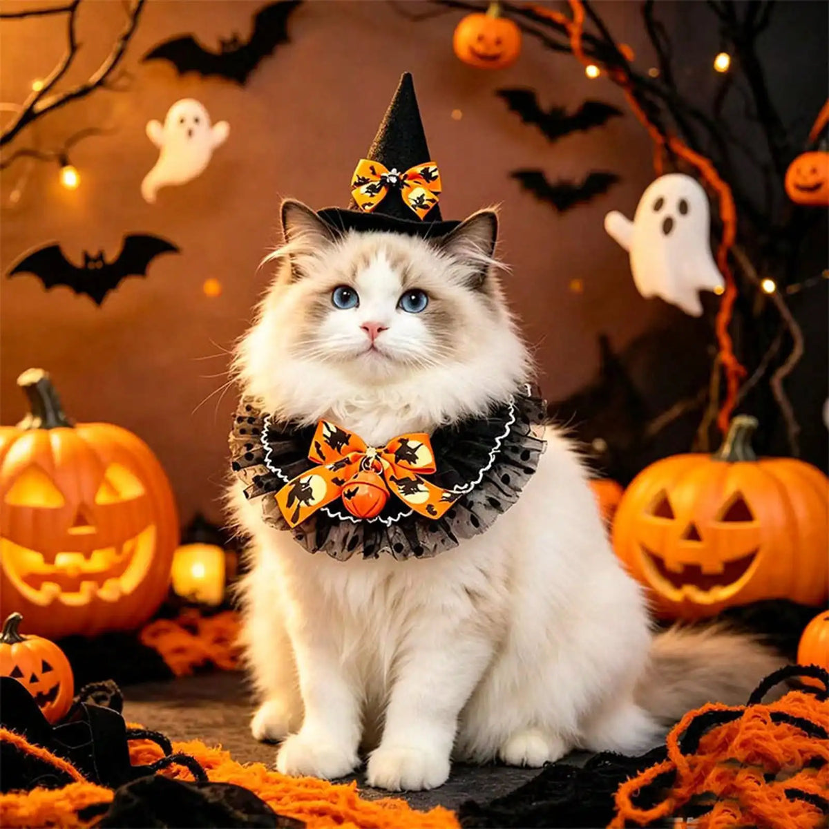 Halloween Pet Costume Set, Cat Dog Witch Hat And Pumpkin Lace Saliva Towel Collar, Adjustable Cute Neck Scarf Bandana