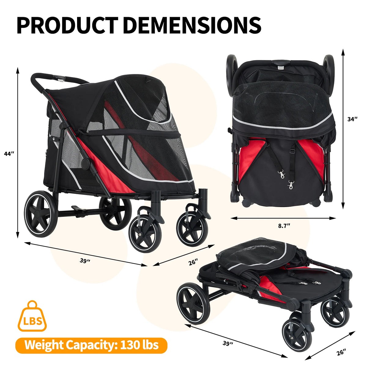 Dog Stroller for Large & Medium Dogs Pet Stroller for 2 Small Dogs with Adjustable Handle & Canopy, Sun Shades, Storage Organizer, Oxford Fiber, Foldable & Ventilated