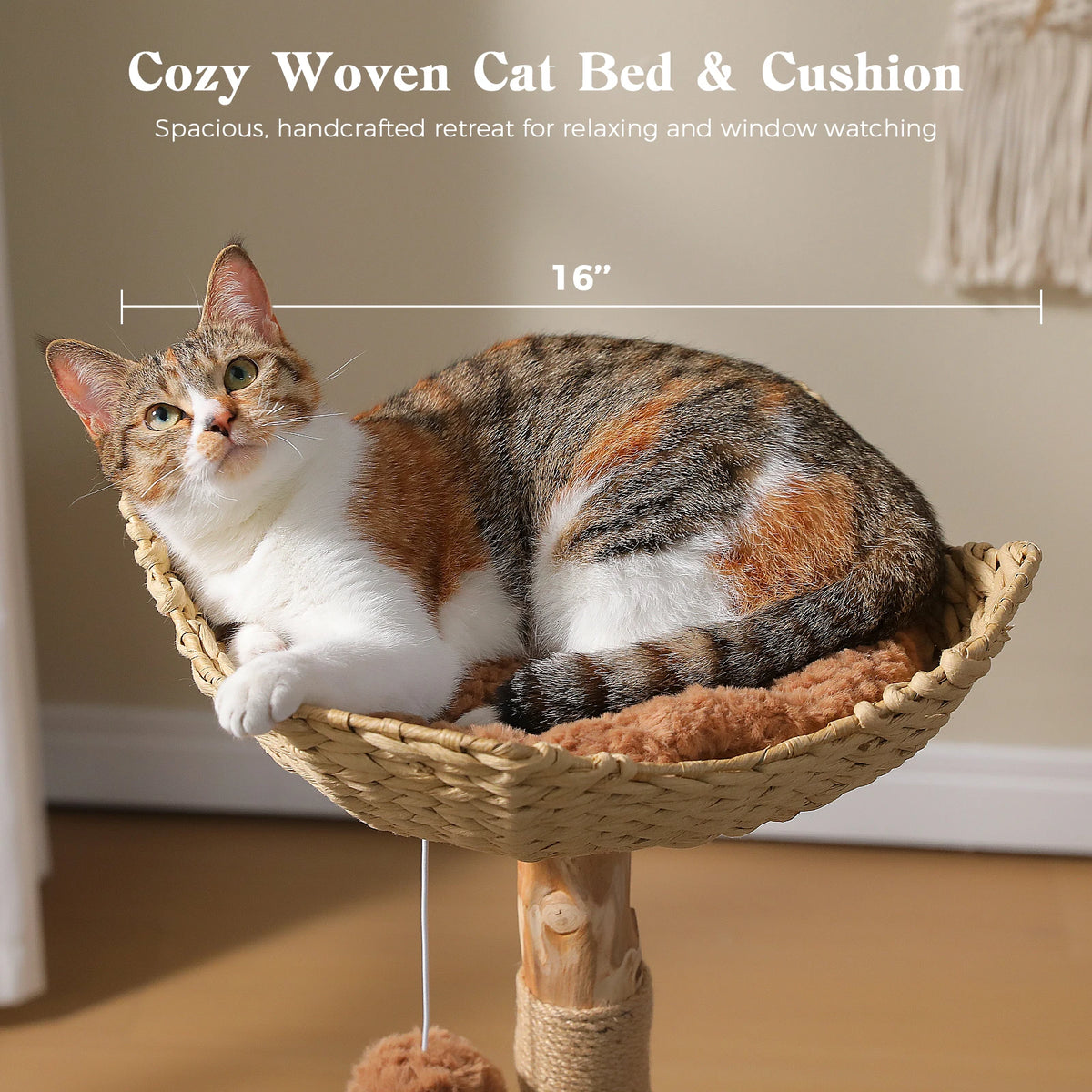 Wood Cat Tree with Wicker Basket Bed Sisal Scratching Posts Modern Cat Tower with Real Wood Branches Hanging Balls Luxury Boho Cat Furniture for Indoor Cat Toys