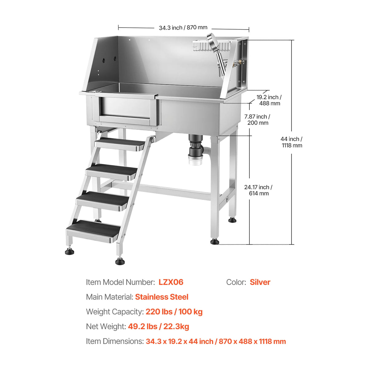 SucceBuy Stainless Steel Dog Wash Station With Shower Faucet