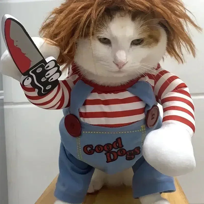 Halloween Doll Pet Chucky Costume -Funny 3D Upright Dog & Cat Outfit, Cosplay Party Clothes for ALL Puppy Kitten