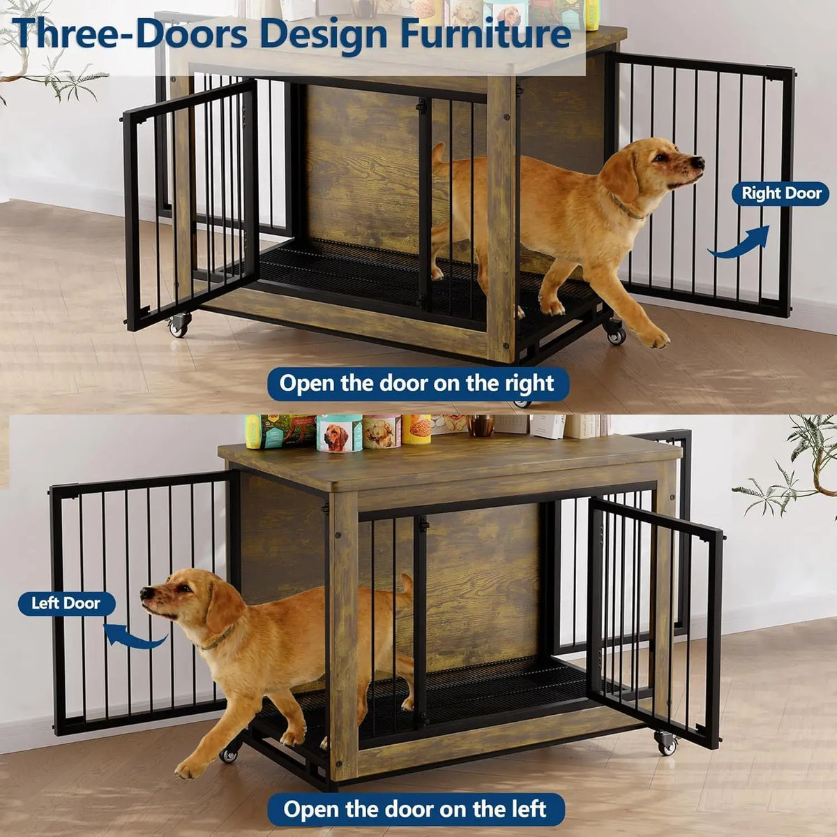 38 Inch Dog Crate Furniture Wooden Dog Kennel End Table with 3 Doors Locking Wheels Removable Tray Divider Indoor Pet Cage Side Table for Small Medium Dogs Retro Brown