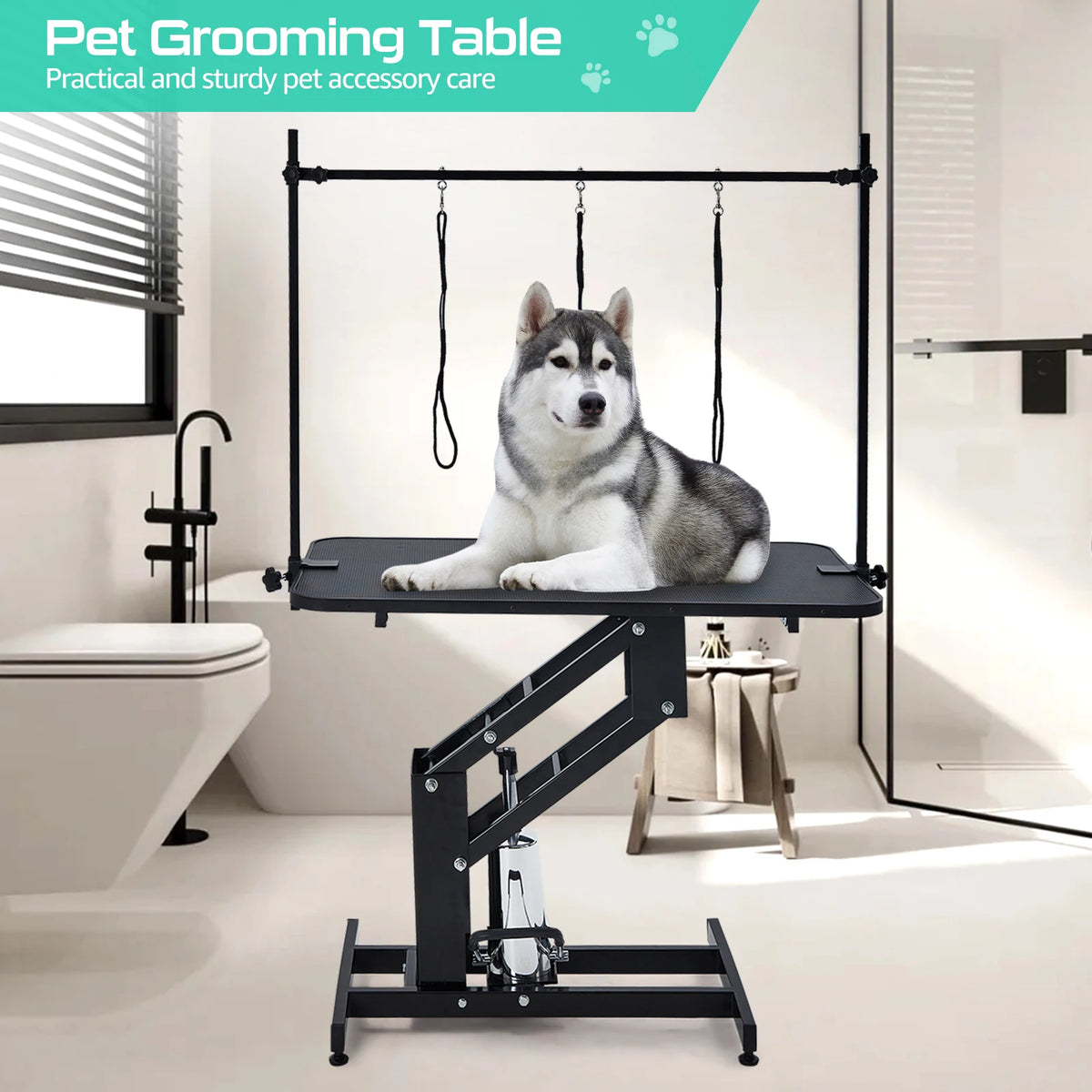 43" Hydraulic Dog Grooming Table, 350 LBS Heavy-Duty Pet Grooming Table with Overhead Arm, 3 Loops, Non-Slip Waterproof Top, Adjustable Height Dog Grooming Station for Medium Large Dogs
