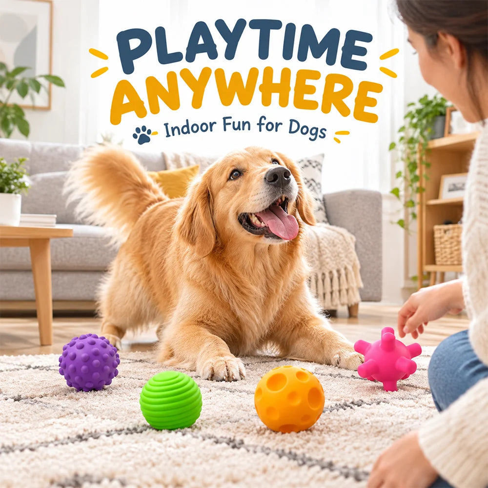 Dog Chew Toy Balls 4 Pack, Textured Soft Rubber Interactive Fetch Play Balls, High Quality Bite Resistant Pet Teething Toy, Colorful Design, Perfect Halloween Holiday Gift for Small Medium Dogs, Indoor & Outdoor Entertainment