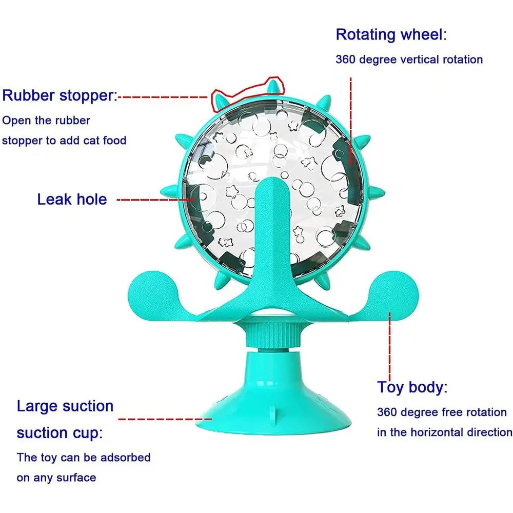 Interactive Cat Treats Dispenser Toy for Indoor Cats, 360° Rotating Windmill Suction Cup Toys for Small Pet, Puzzle Slow Feeder