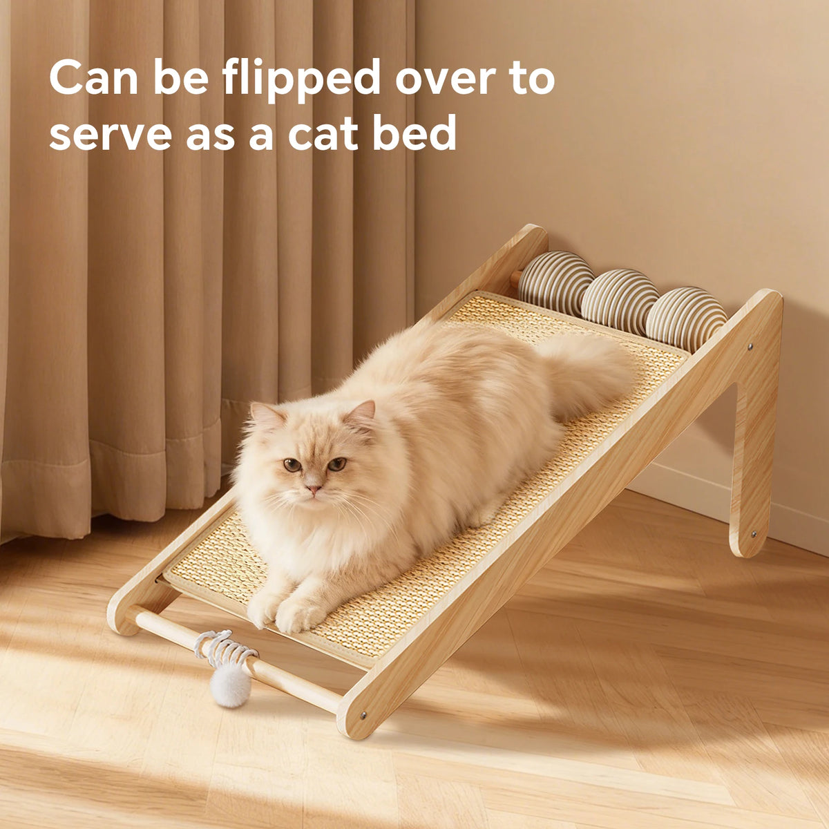L-Shaped Sisal Cat Scratcher With Hanging Ball And Kitten Bed