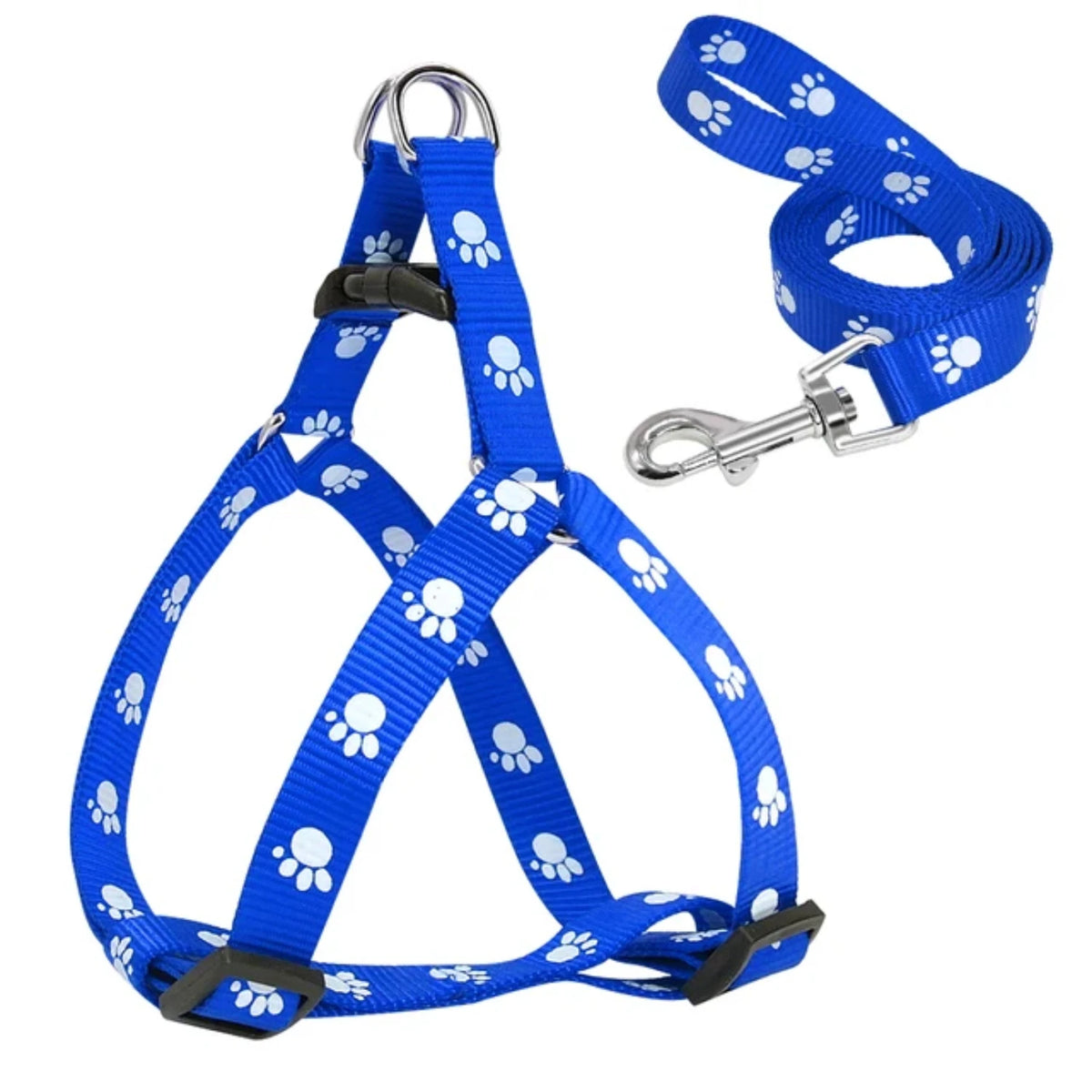 Nylon Paw Print Dog Harness And Leash Set Adjustable