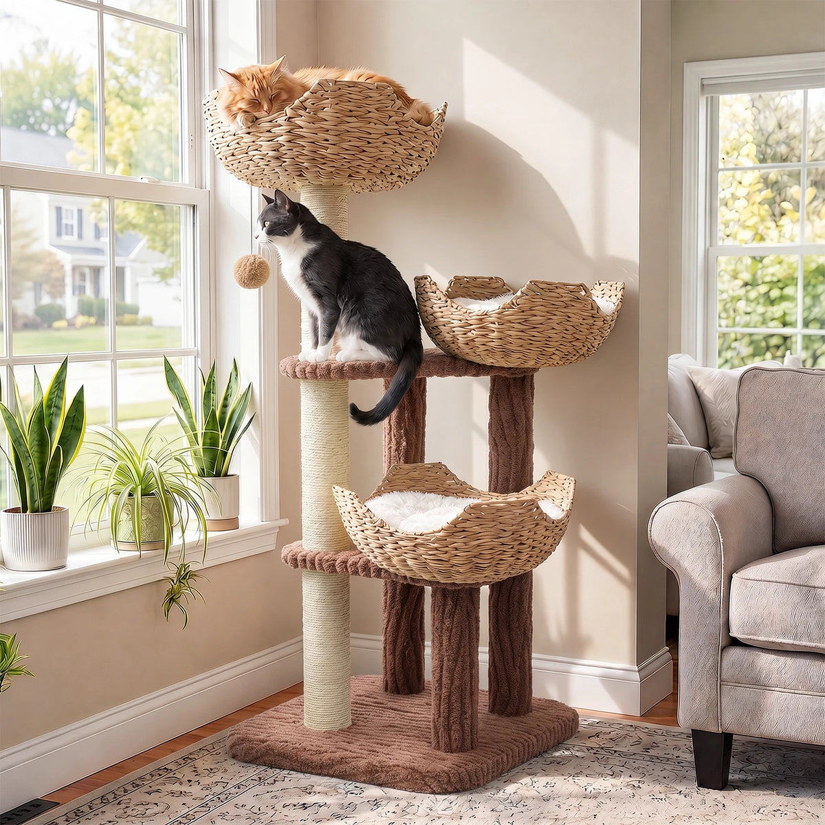 Modern Cat Tree with 3 Rattan Baskets Thick Cushions Sisal Scratching Posts Multi‑Level Cat Tower for Indoor Cats Large Cat Condo Pet Furniture Bed Cat Toys
