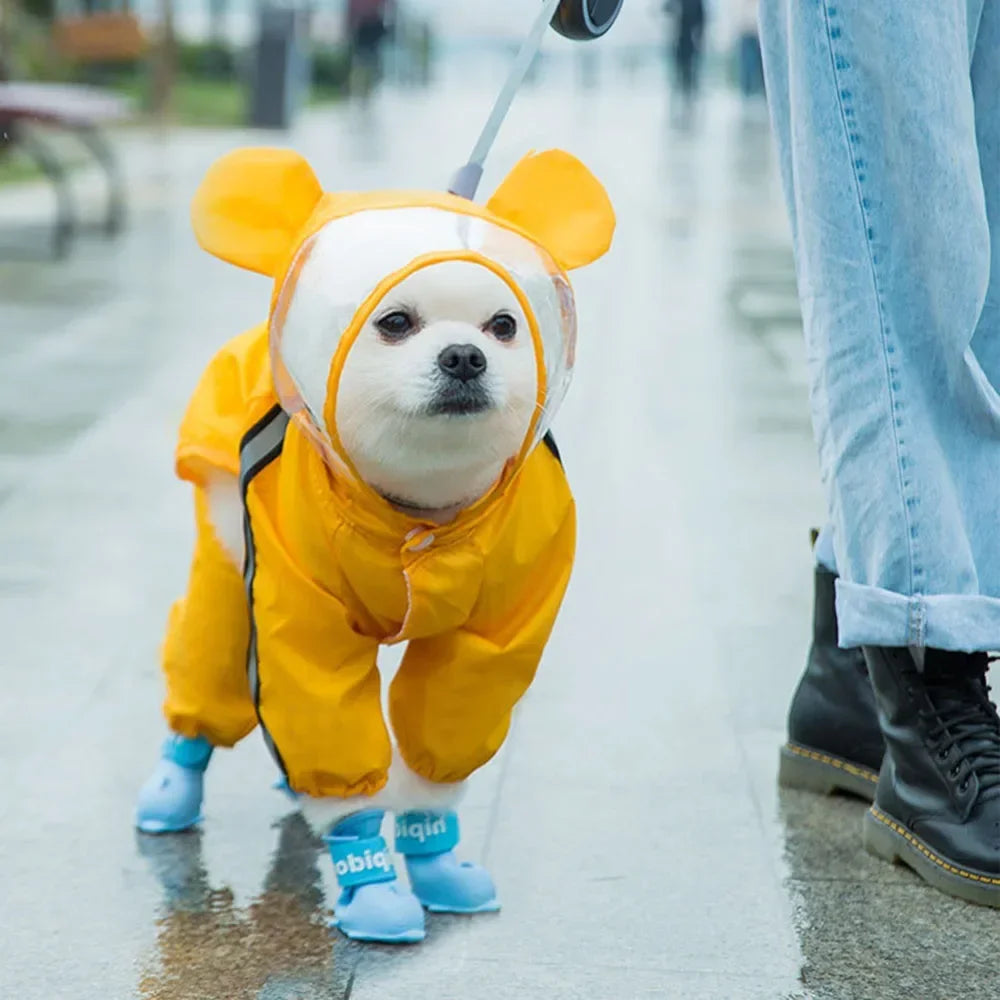 Cute Bear Shape Dog Raincoat With Hat Reflective Waterproof