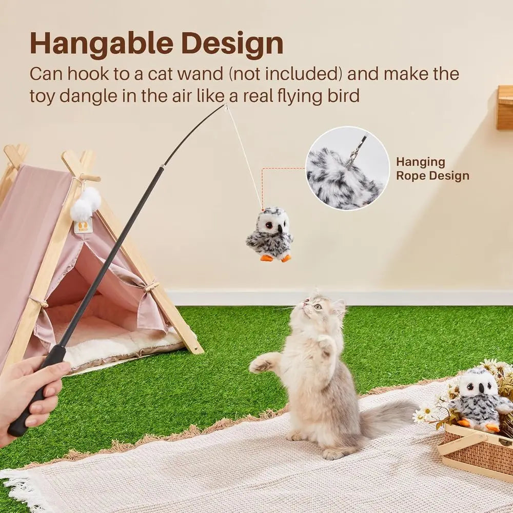 Flapping Owl Cat Toys, Life like Bird Chirp, Rechargeable Touch Kitten Toy, Interactive Catnip Kicker Exercise Toys