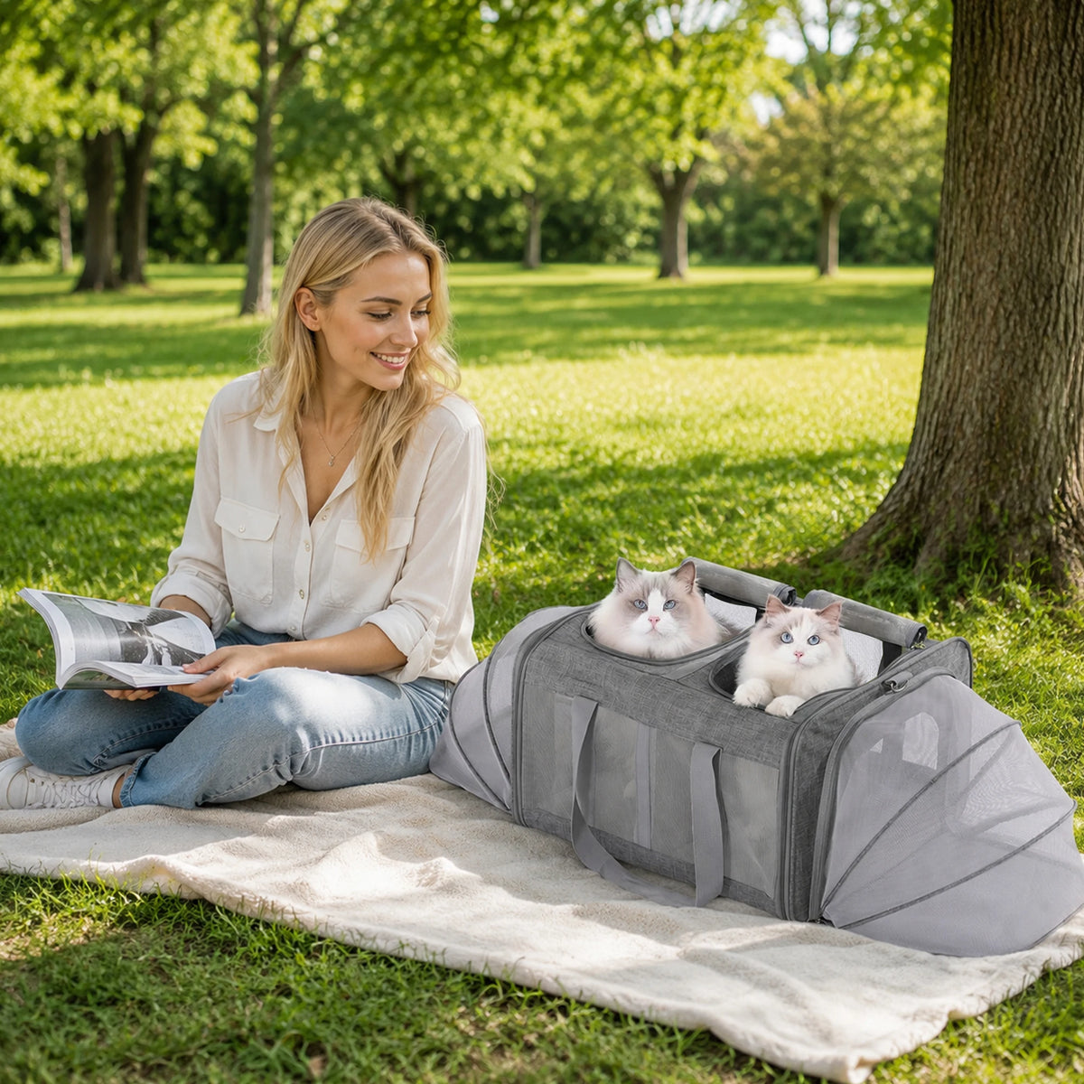 Expandable Pet Carrier, 3-Section Soft-Sided Cat Travel Carrier with Dual Expandable Ends, Breathable Mesh Windows, Removable Divider, Safety Leash & Washable Mat for Cats, Small Dogs, Puppies & Kittens