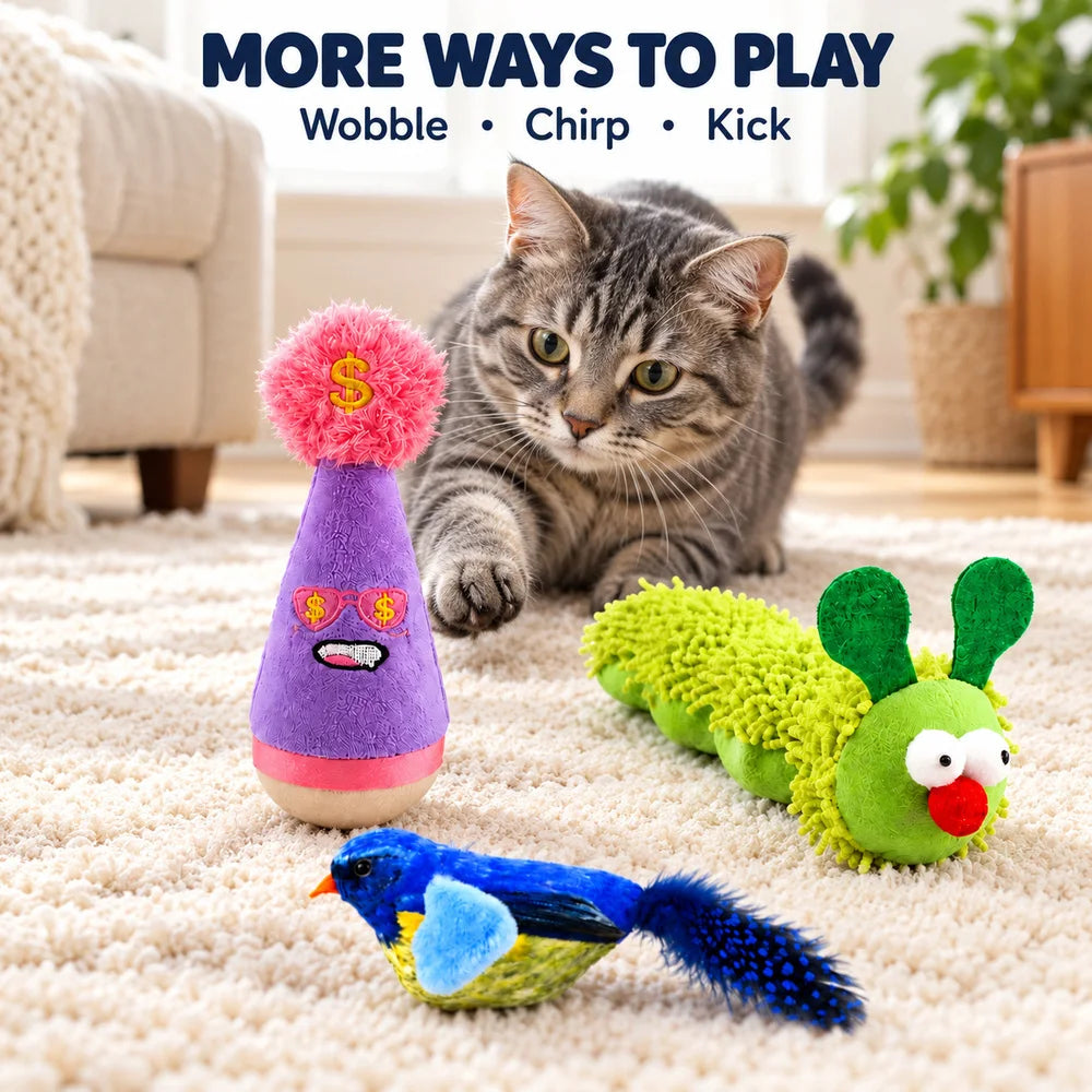 Zoe Interactive Cat Toys For Indoor Cats With Wobble Toy Soft Caterpillar And Chirping Bird For Batting Pouncing Kicking And Daily Play
