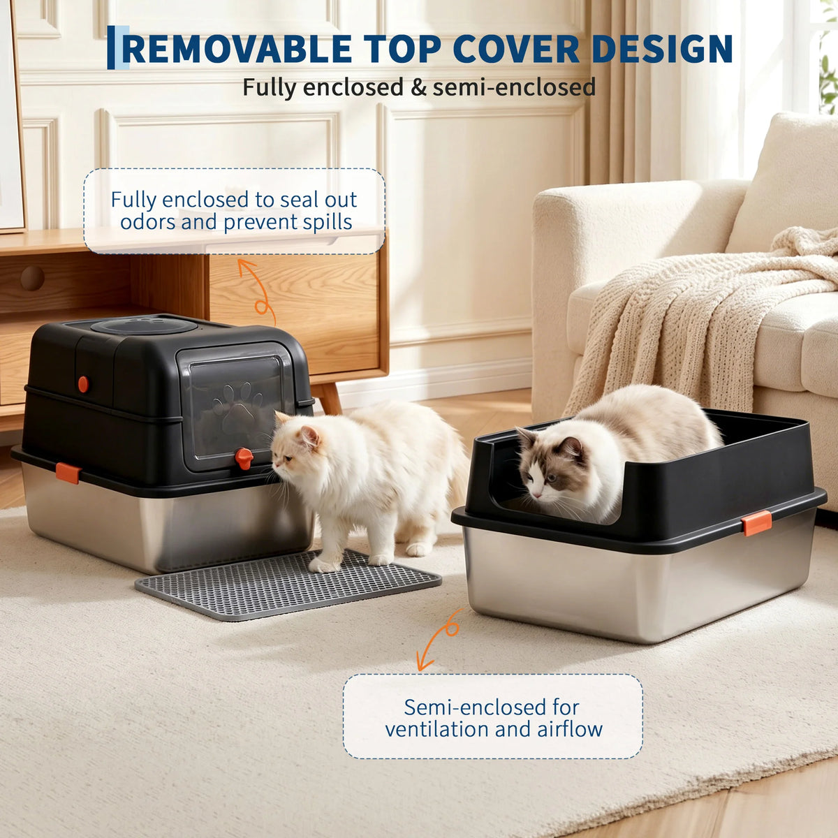 HiMISS Stainless Steel Enclosed Cat Litter Box With Lid Scoop