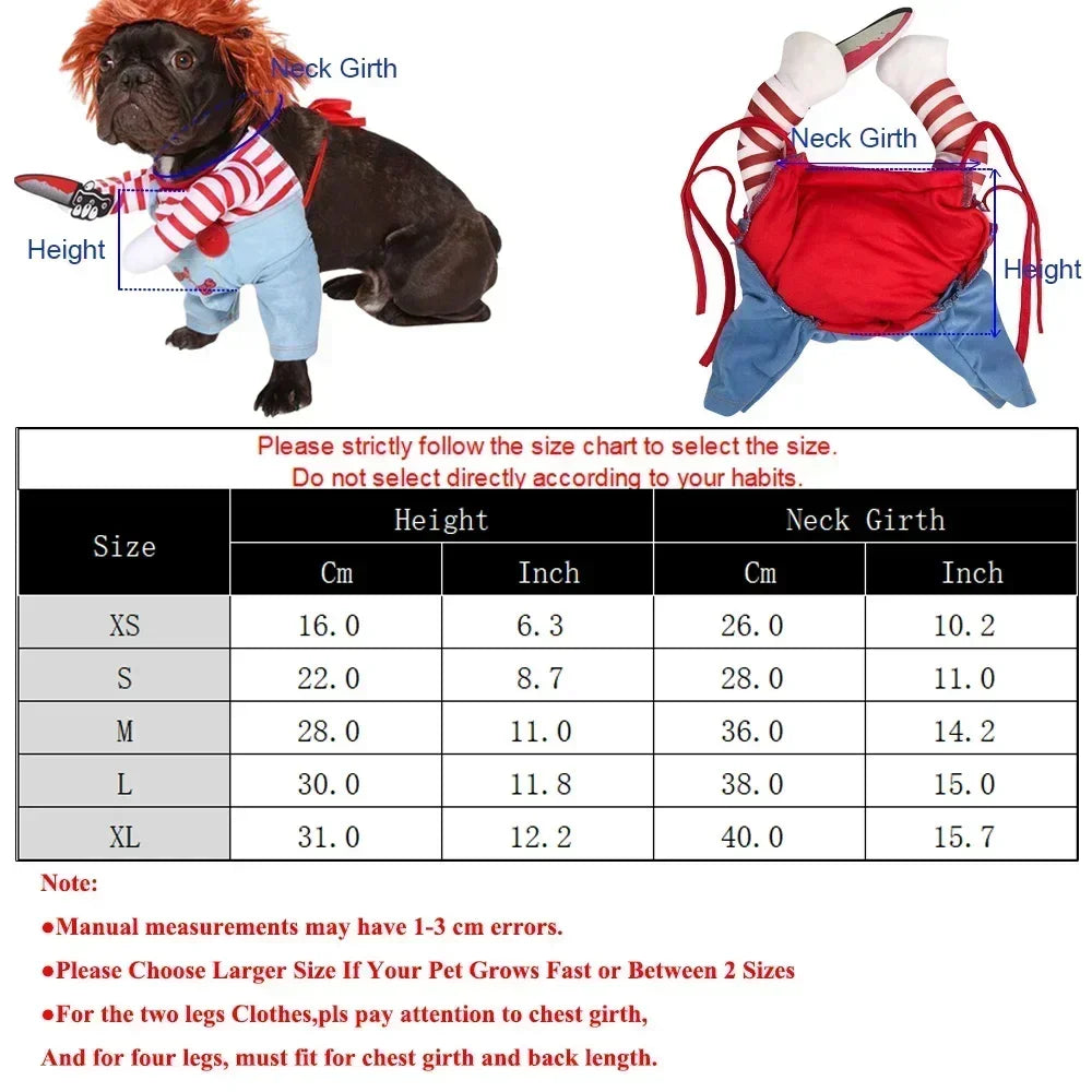 Halloween Doll Pet Chucky Costume -Funny 3D Upright Dog & Cat Outfit, Cosplay Party Clothes for ALL Puppy Kitten