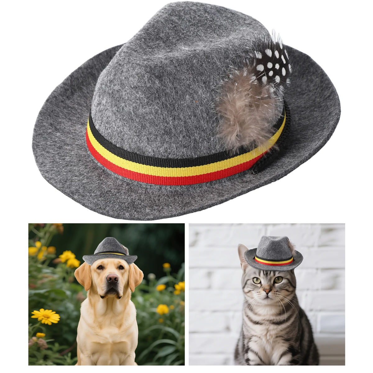 German Pet Hat, Adjustable Oktoberfest Pet Costume Hat with Feather & Ribbon, Mini Bavarian Style Pet Accessory for Dogs and Cats, Halloween Party Photo Prop