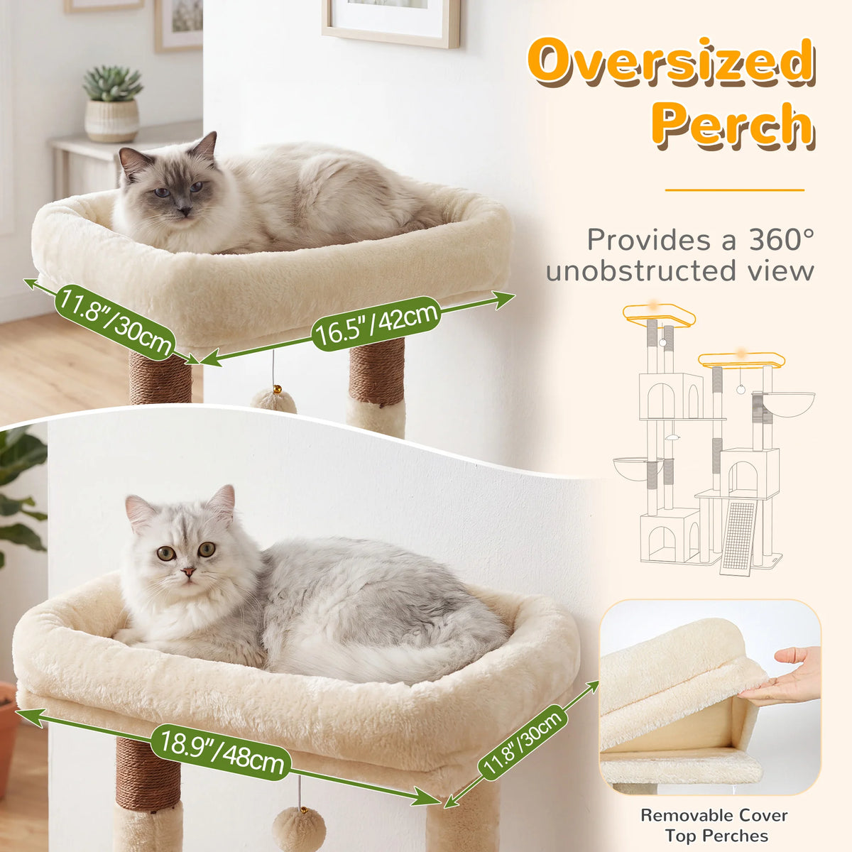 Globlazer 65 Inch Cat Scratcher Tree for Medium Large Cats Multi Level Cat Houses Condos with 3 Condos Cat Climbing Tower with 8 Sisal Posts 2 Hammocks Perches for 2-3 Cats