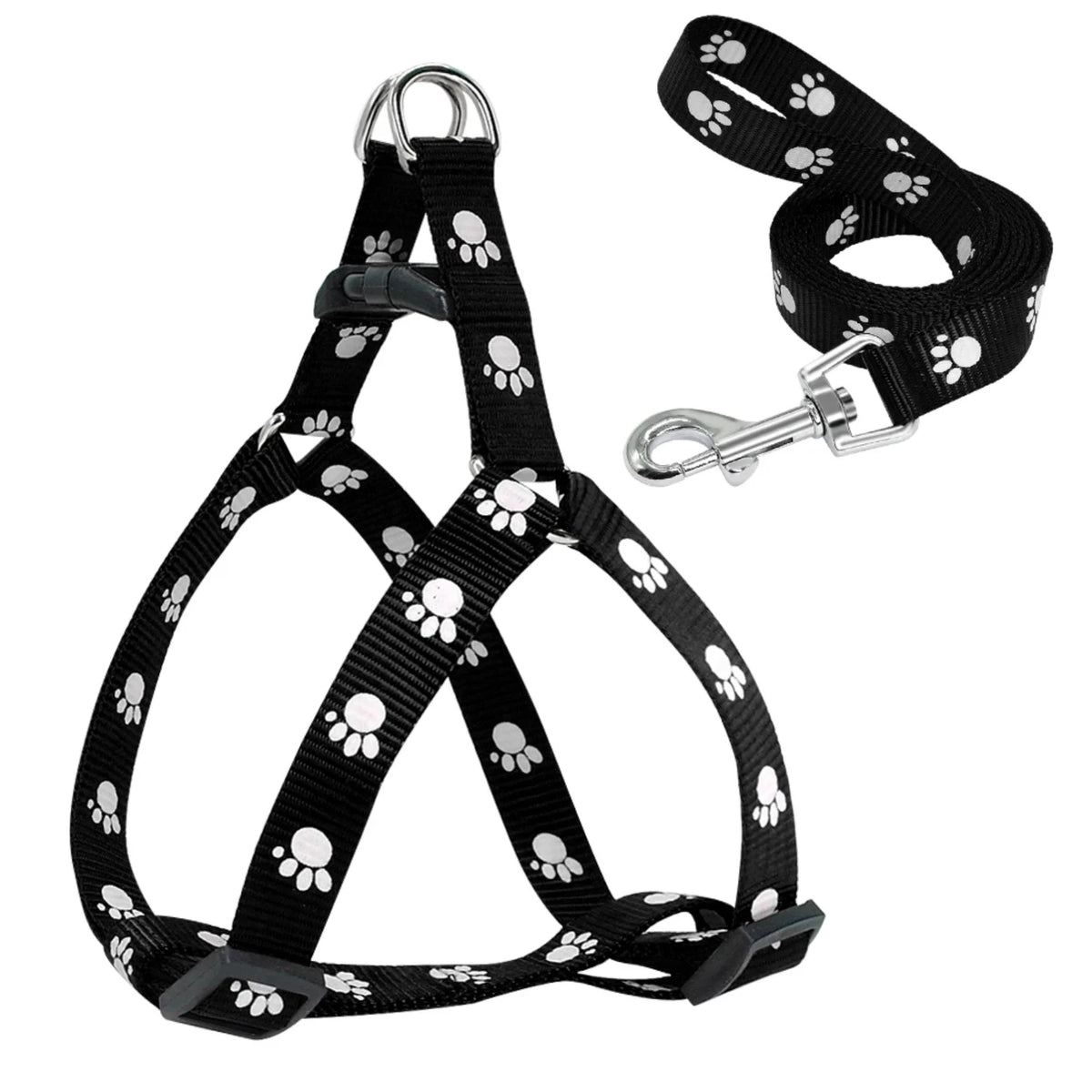 Nylon Paw Print Dog Harness And Leash Set Adjustable
