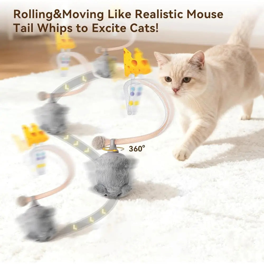 Interactive Mini Mouse Cat Toy 360° Rolling & Spin with Mesh Plastic Tail or Indoor Cats Smart Motion Sensor, Realistic Squeak