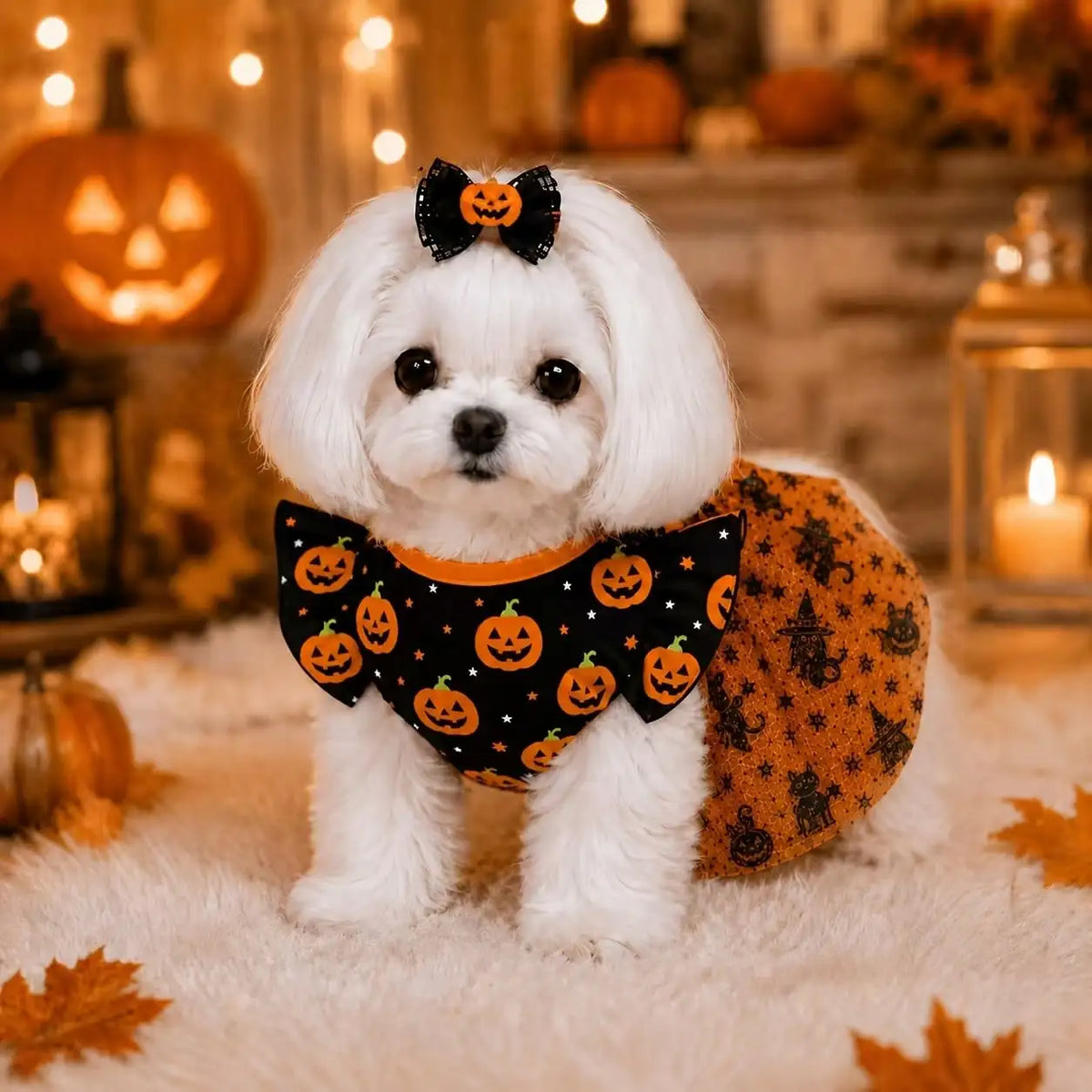 Halloween Pumpkin Print Dog Dress With Bow - Comfortable And Breathable Everyday Wear Pet Apparel For All Seasons