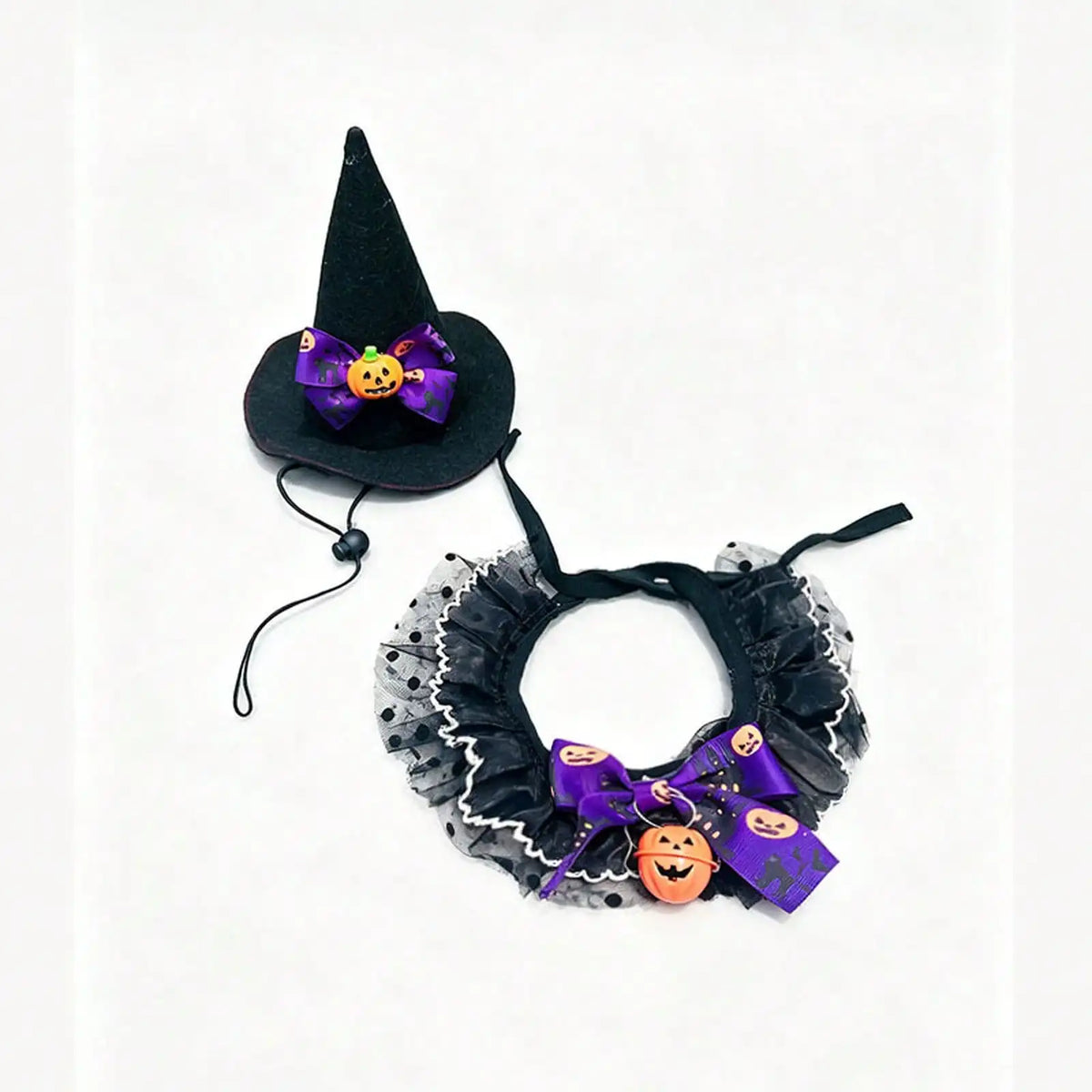 Halloween Pet Costume Set, Cat Dog Witch Hat And Pumpkin Lace Saliva Towel Collar, Adjustable Cute Neck Scarf Bandana