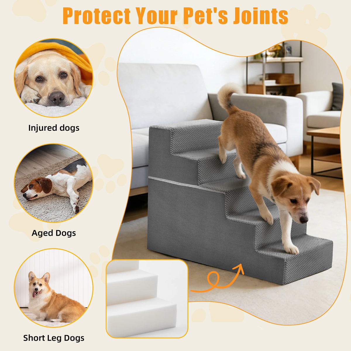 JHK Right Angled Foam Dog Stairs Ramp Three To Five Steps