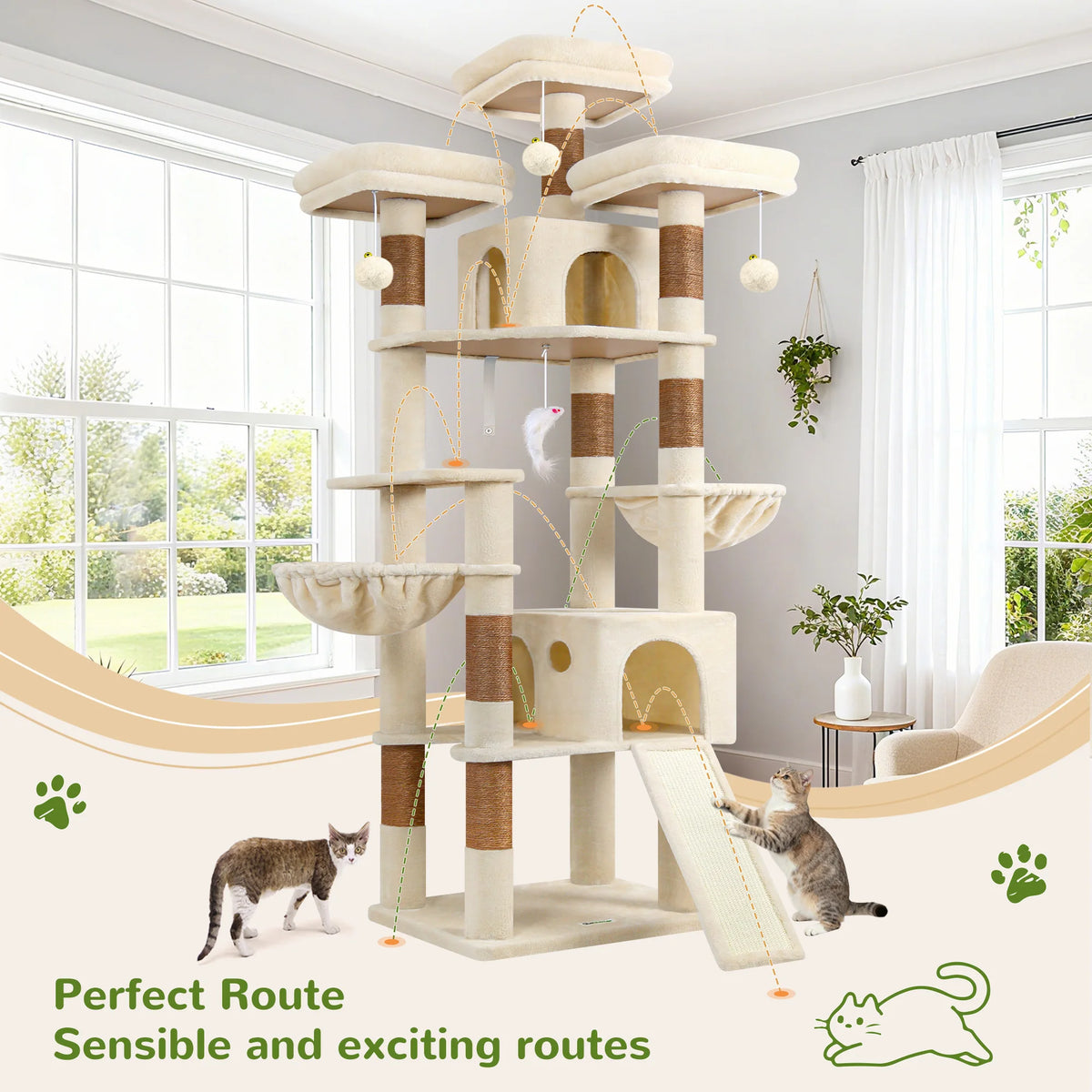 Globlazer 83" Big Cat Tree Tower for 4+ Multiple Large Cats Multi-Level Cat Climbing Activity Center with Sisal Scratching Posts 2 Condos 2 Hammocks 3 Perches Hanging Toys