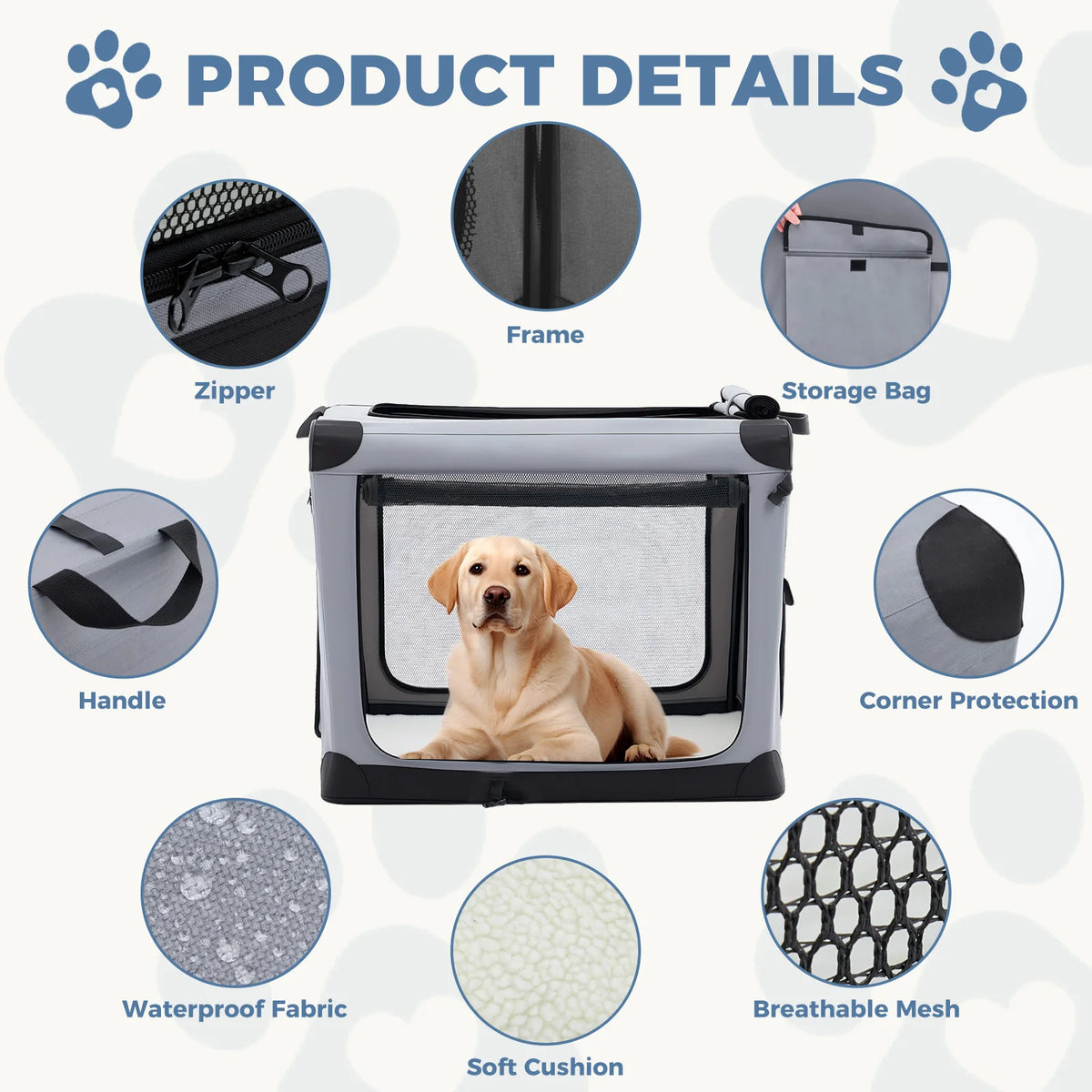 JHK Foldable Soft Dog Crate Portable Kennel With 3 Doors