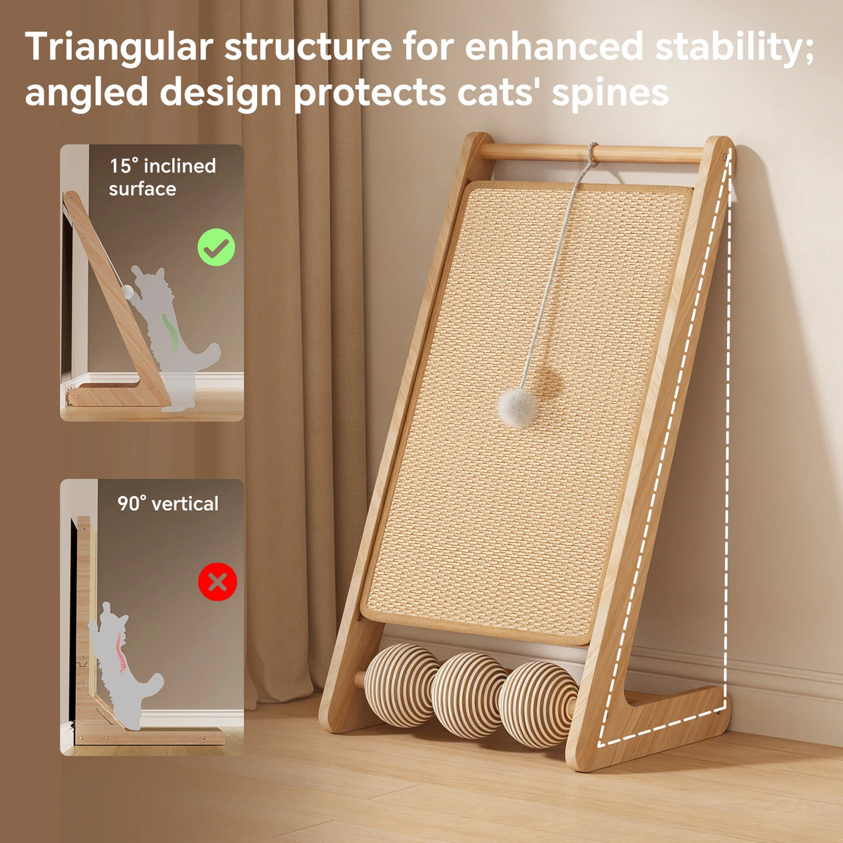 L-Shaped Sisal Cat Scratcher With Hanging Ball And Kitten Bed