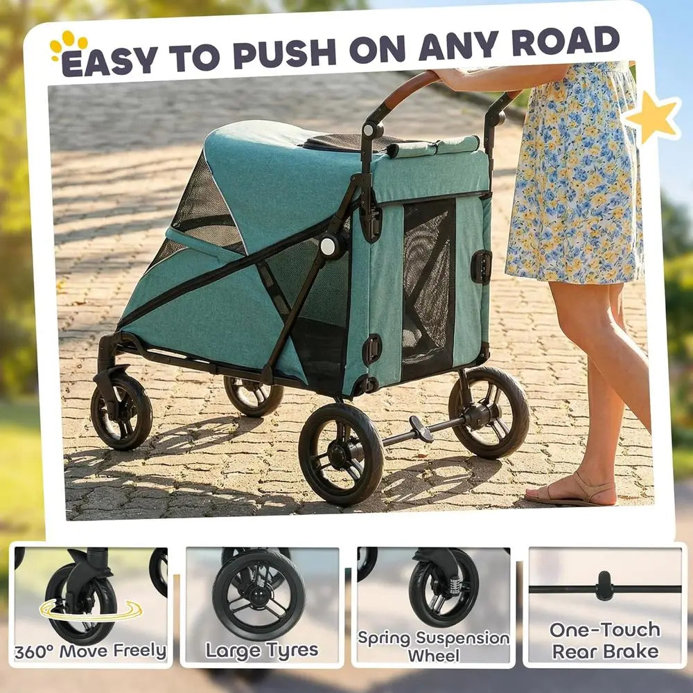 Dog Stroller or Large Dogs, One-k olding 4 Wheel Large Pet Stroller Wagon or Multiple Pets, All Terrain Spring Suspension w/ 8-P