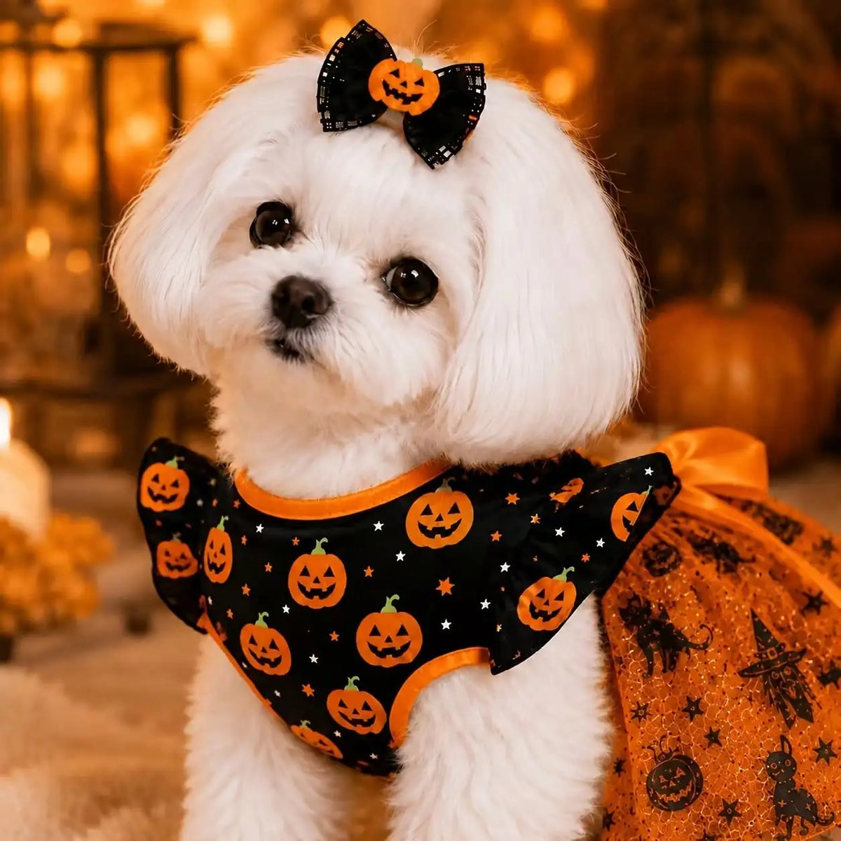 Halloween Pumpkin Print Dog Dress With Bow - Comfortable And Breathable Everyday Wear Pet Apparel For All Seasons