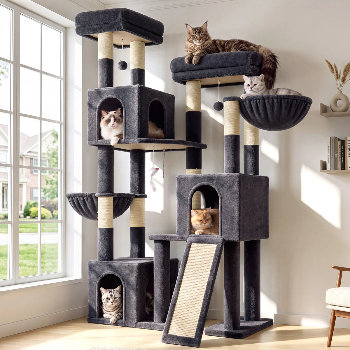 Globlazer 65 Inch Cat Scratcher Tree for Medium Large Cats Multi Level Cat Houses Condos with 3 Condos Cat Climbing Tower with 8 Sisal Posts 2 Hammocks Perches for 2-3 Cats