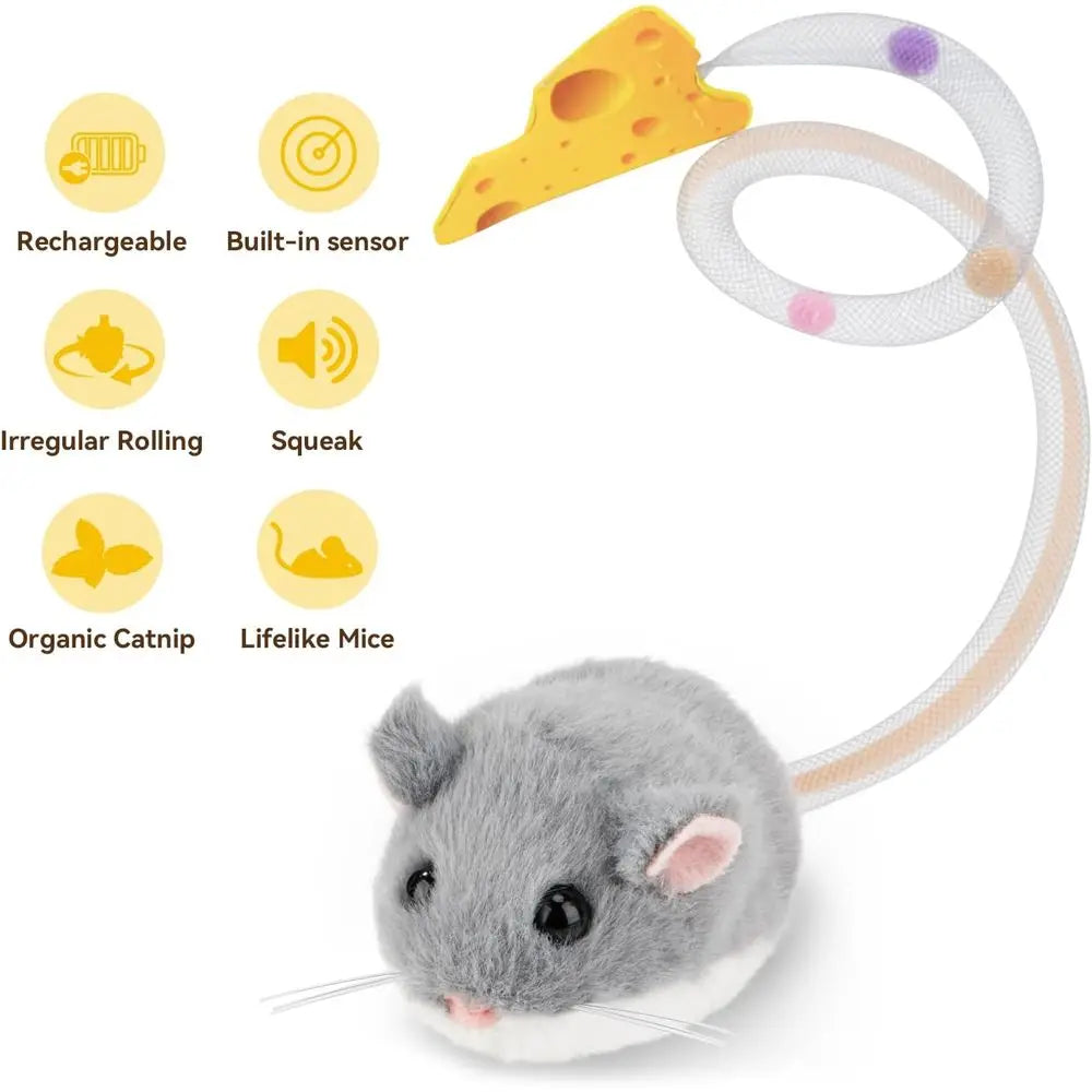 Interactive Mini Mouse Cat Toy 360° Rolling & Spin with Mesh Plastic Tail or Indoor Cats Smart Motion Sensor, Realistic Squeak