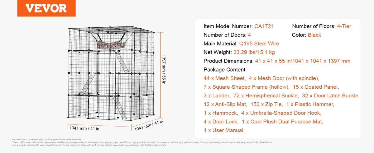 SucceBuy Detachable Metal Cat Cage With Front Doors Hammock
