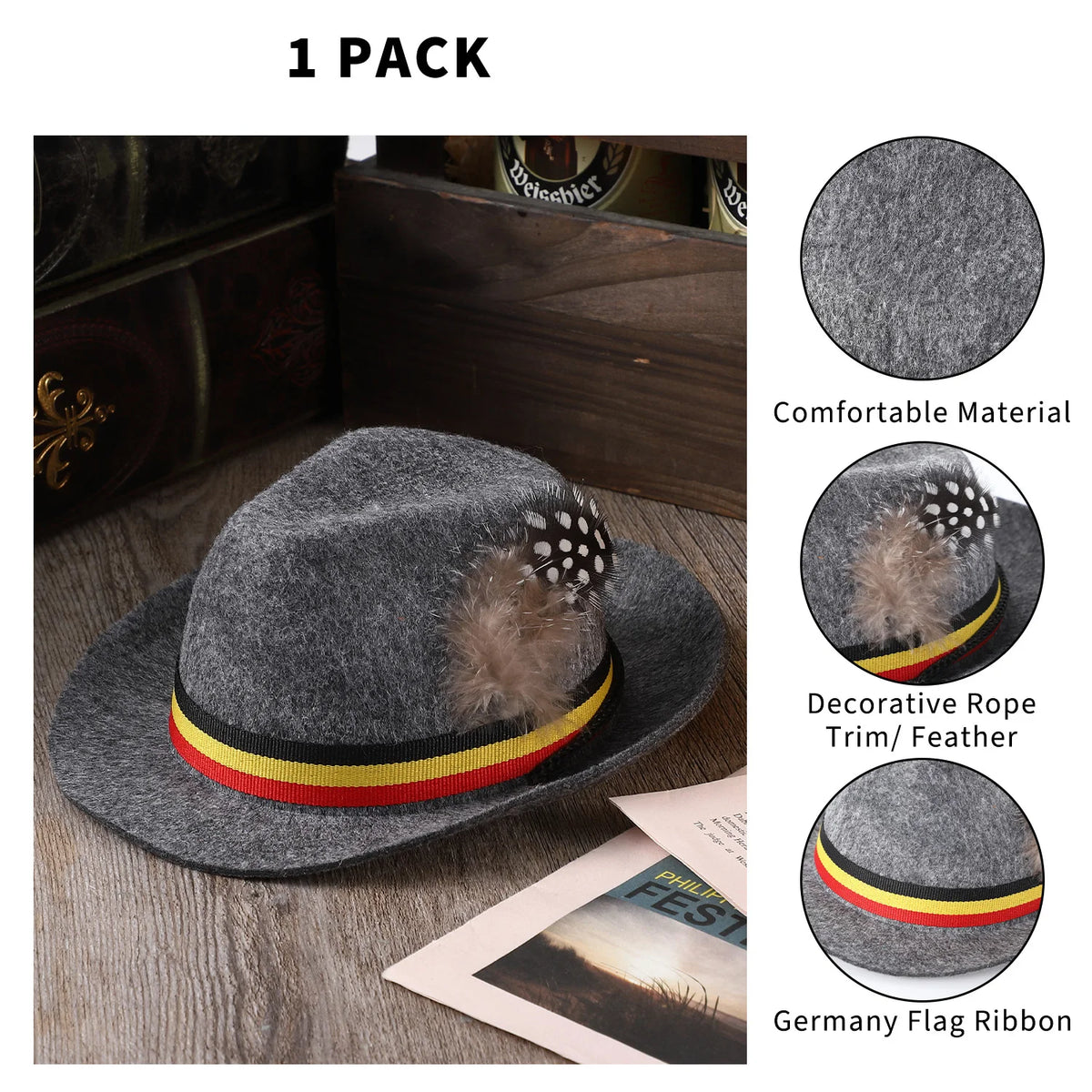 German Pet Hat, Adjustable Oktoberfest Pet Costume Hat with Feather & Ribbon, Mini Bavarian Style Pet Accessory for Dogs and Cats, Halloween Party Photo Prop
