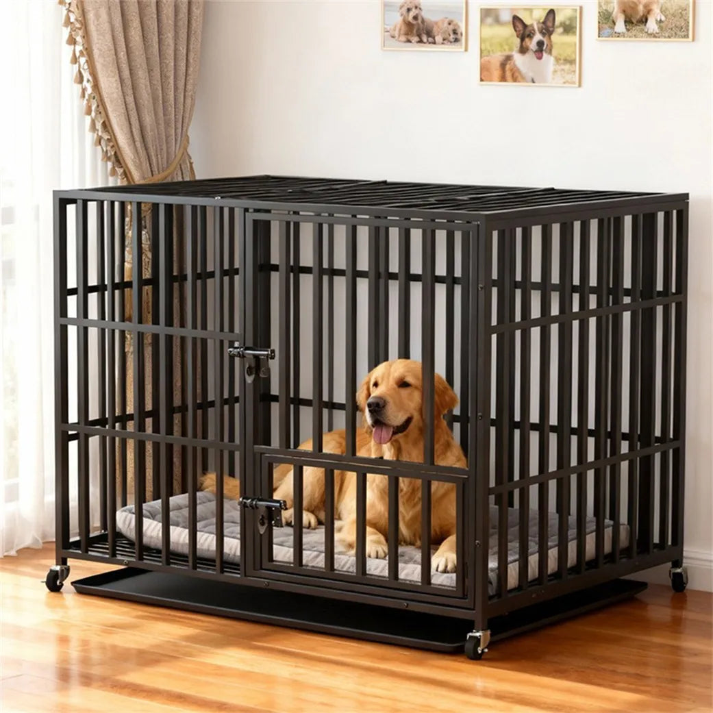 BORWART Heavy Duty Metal Dog Crate With Tray And Wheels