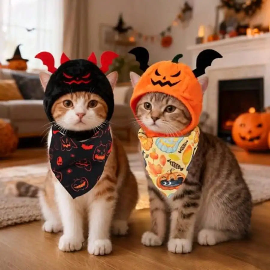 4Pcs Halloween Pet Costume, Cat Pumpkin And Bat Costume With Two Halloween Style Square Scarves