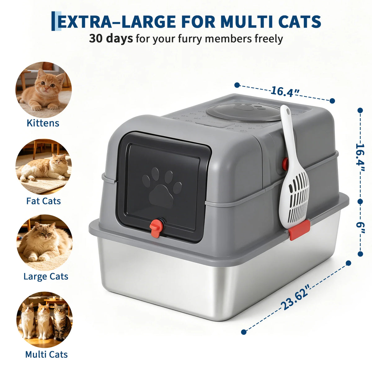 HiMISS Stainless Steel Enclosed Cat Litter Box With Lid Scoop