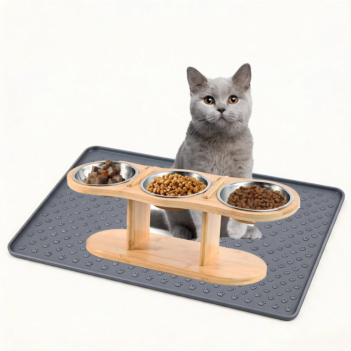 Raised Cat Feeder With Three Stainless Bowls And Tilted Stand
