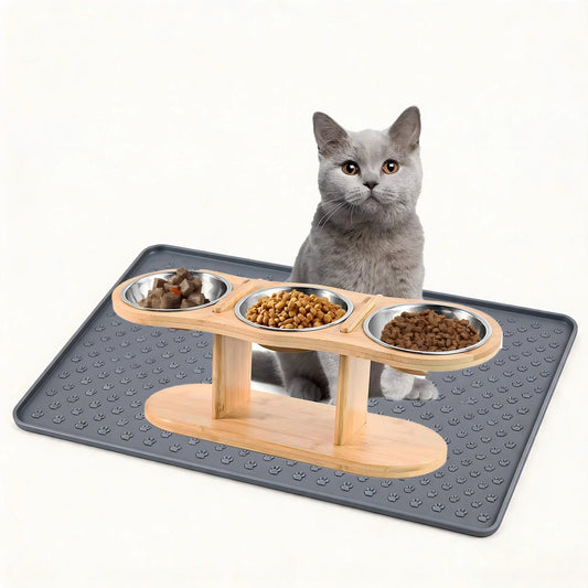 Raised Cat Feeder With Three Stainless Bowls And Tilted Stand
