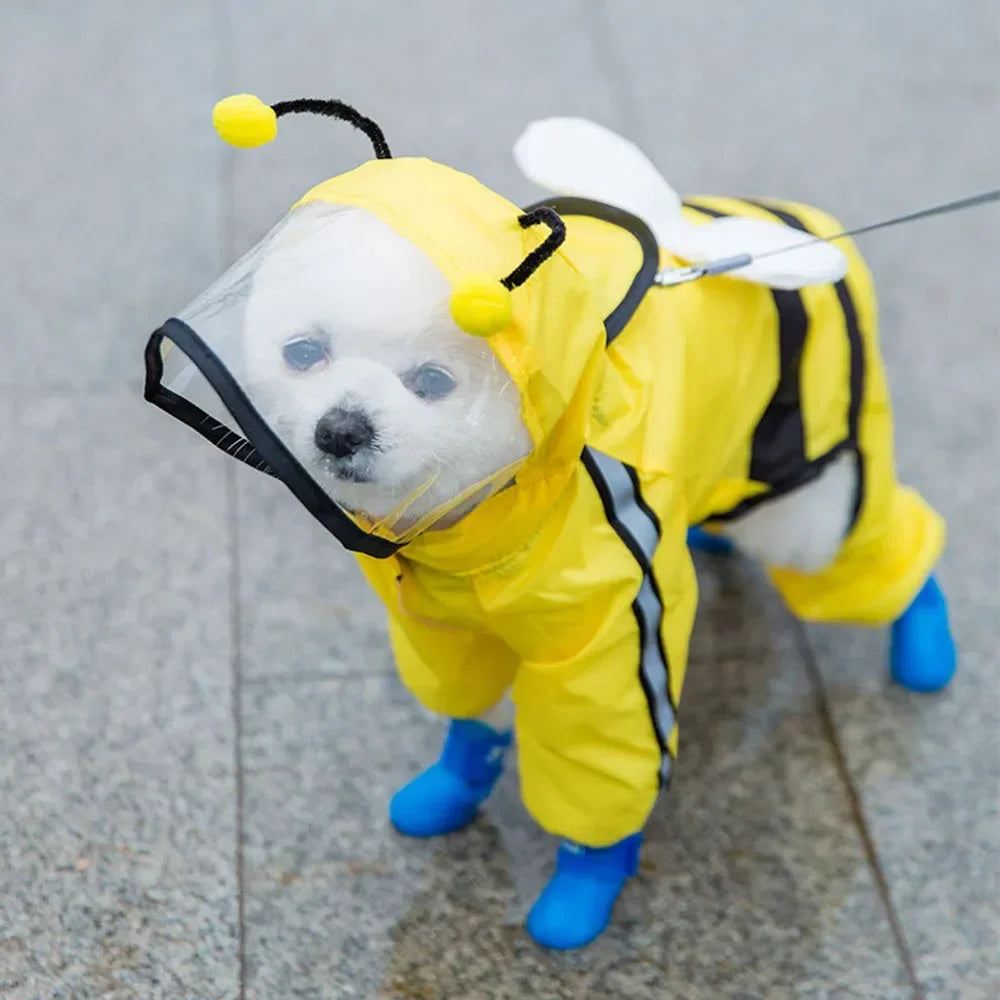 Cute Bear Shape Dog Raincoat With Hat Reflective Waterproof