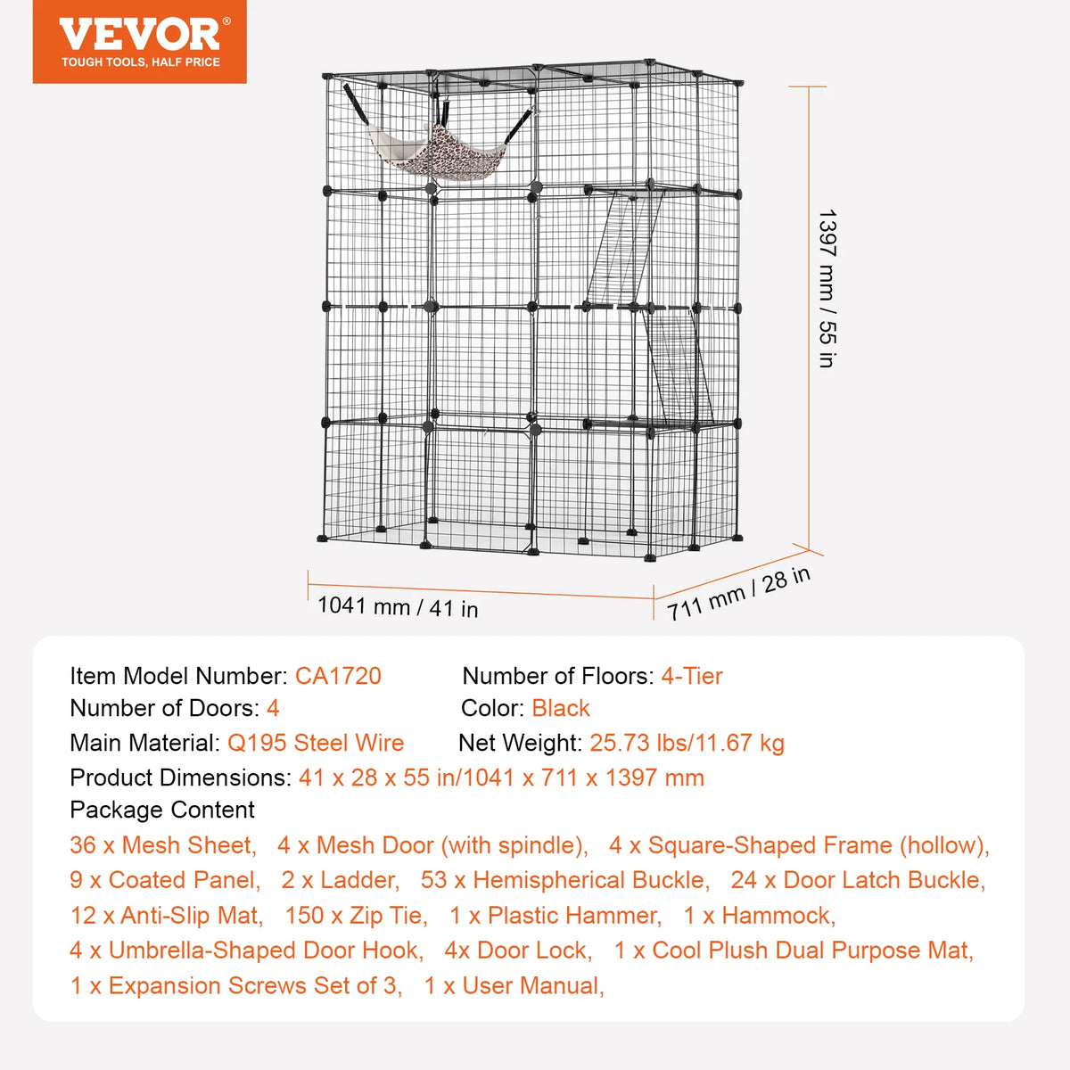 SucceBuy Detachable Metal Cat Cage With Front Doors Hammock