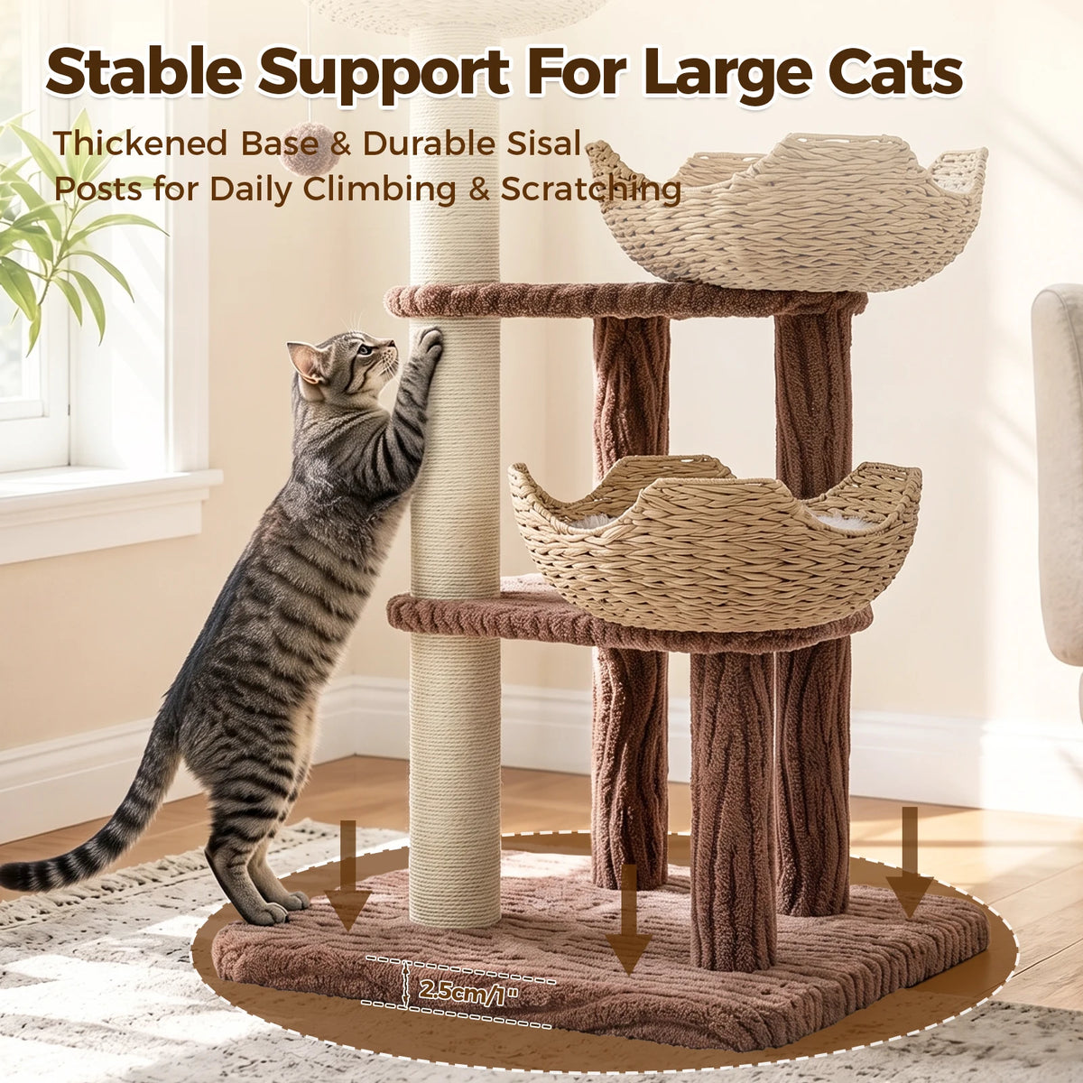 Modern Cat Tree with 3 Rattan Baskets Thick Cushions Sisal Scratching Posts Multi‑Level Cat Tower for Indoor Cats Large Cat Condo Pet Furniture Bed Cat Toys