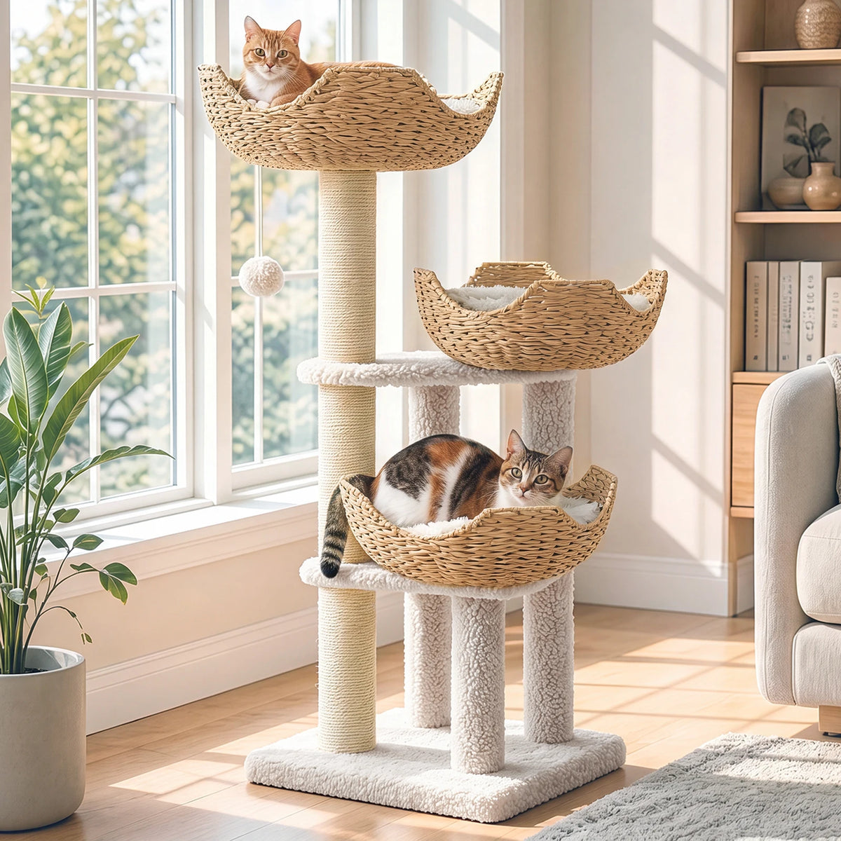 Modern Cat Tree with 3 Rattan Baskets Thick Cushions Sisal Scratching Posts Multi‑Level Cat Tower for Indoor Cats Large Cat Condo Pet Furniture Bed Cat Toys