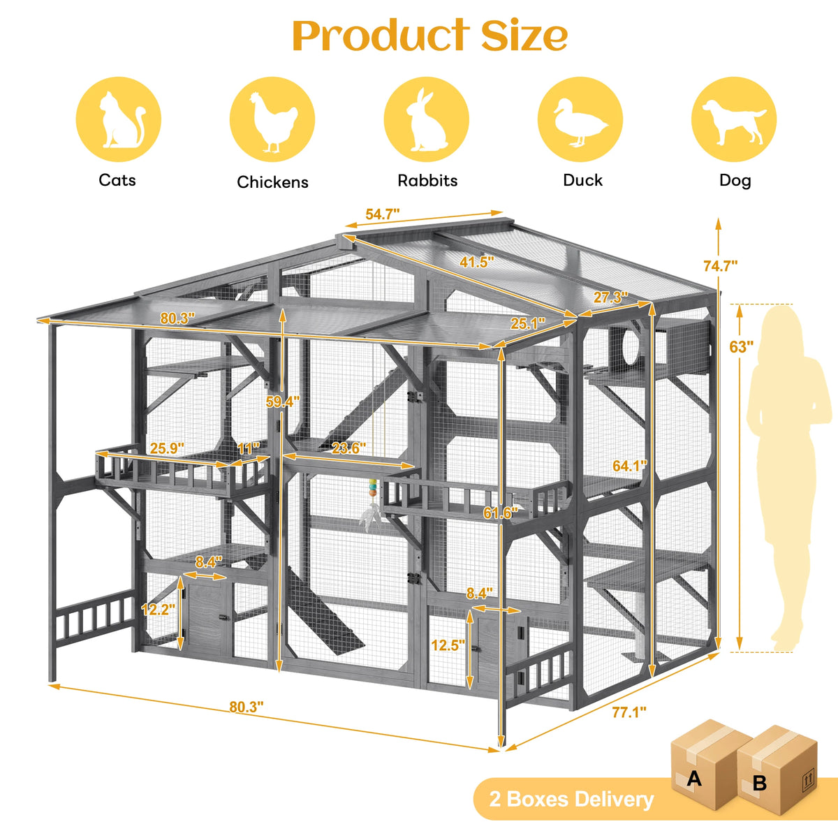 Extra Large Outdoor Cat Enclosure Wooden Catio with 6 Platforms & Suspension Bridge, Multi-Cat Playhouse for 6-10 Cats with Storage Shelves